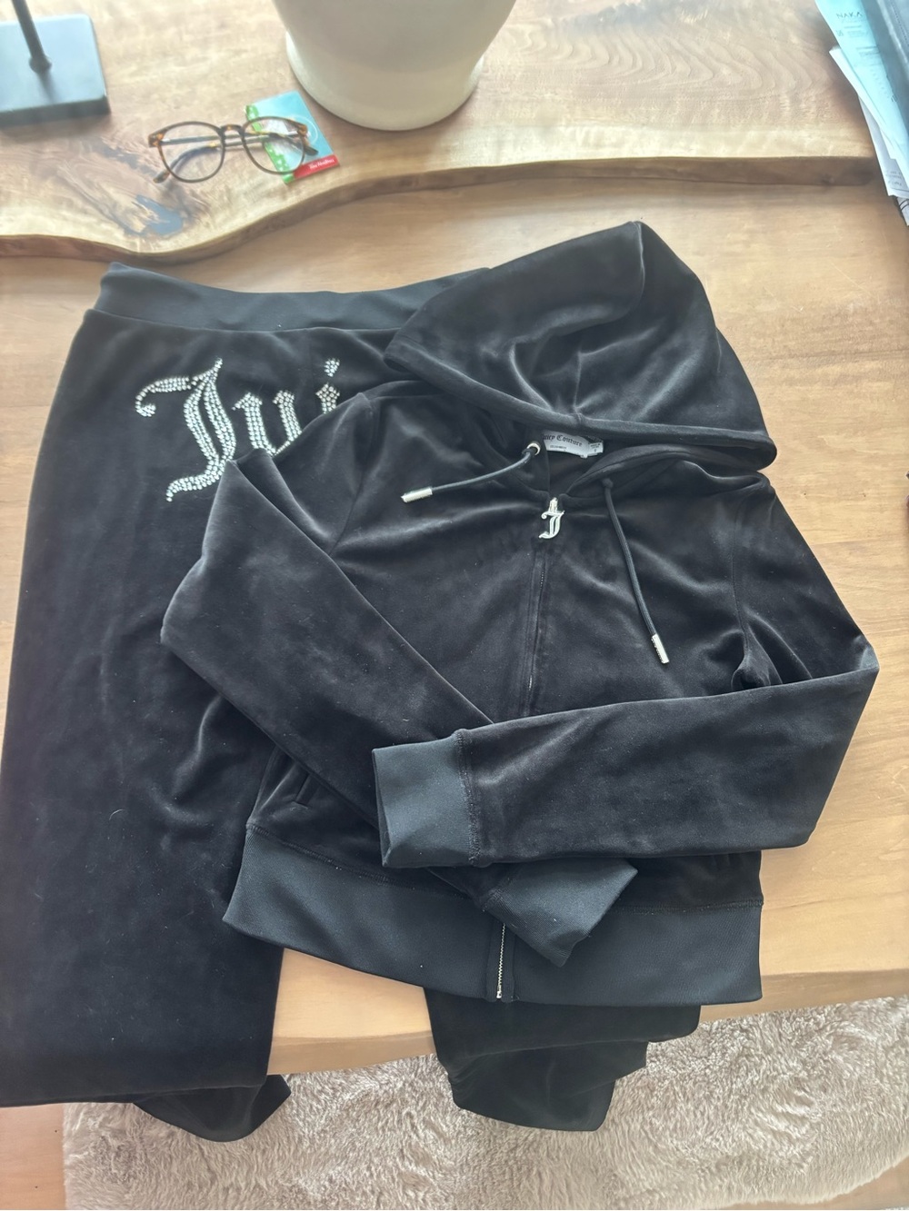 Juicy Couture Black Velvet Track Jacket & Skirt Set with Rhinestone Logo